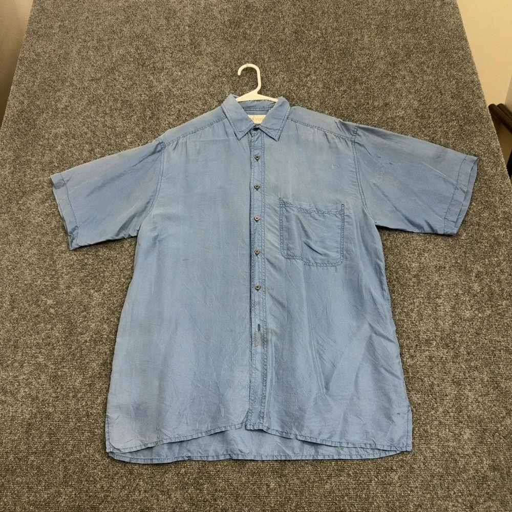 Vintage Bogari Shirt Mens L Blue Silk Short Sleeve Button Down Casual Summer